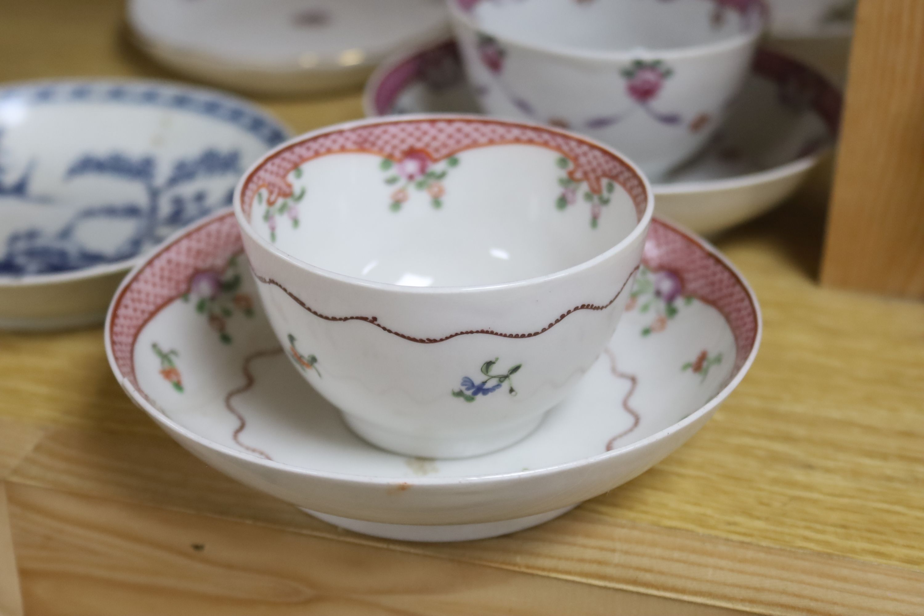 A Worcester blue and white saucer and 18th century porcelain tea wares